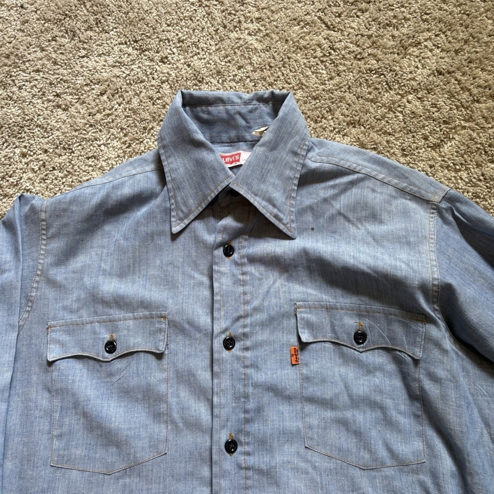 Vintage 70s Levis Orange Tab Chambray Shirt Mens Size Large USA Made Denim - Picture 4 of 10